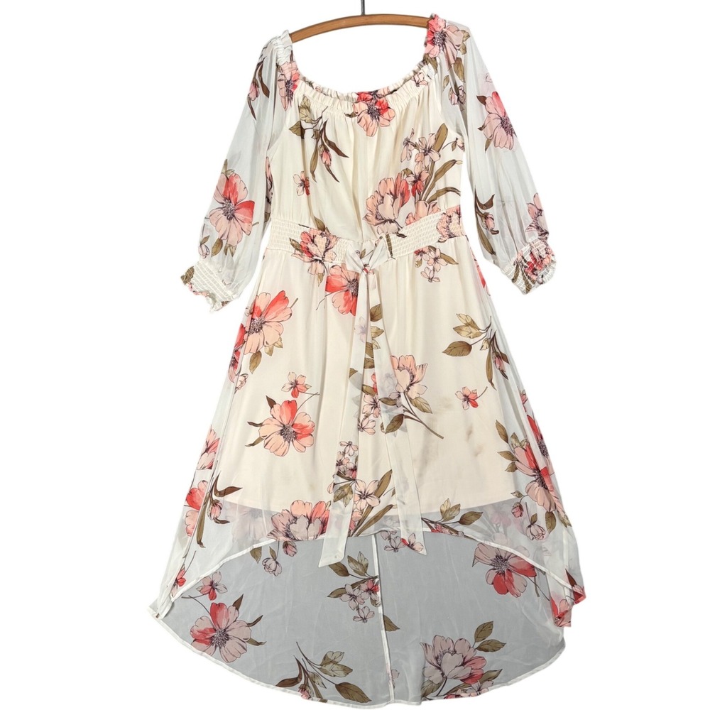 Luxology Floral High-Low Maxi Dress Cream Coral XL Smocked Waist Layered Chiffon